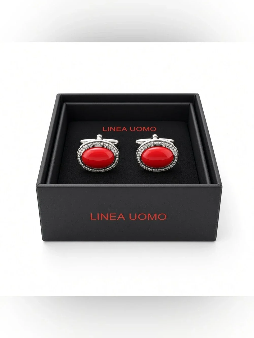 Linea Uomo Silver Tone Red Oval Cabochon Cufflinks